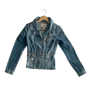 True Religion Distressed Moto Blue Denim Women's Jacket Size Small